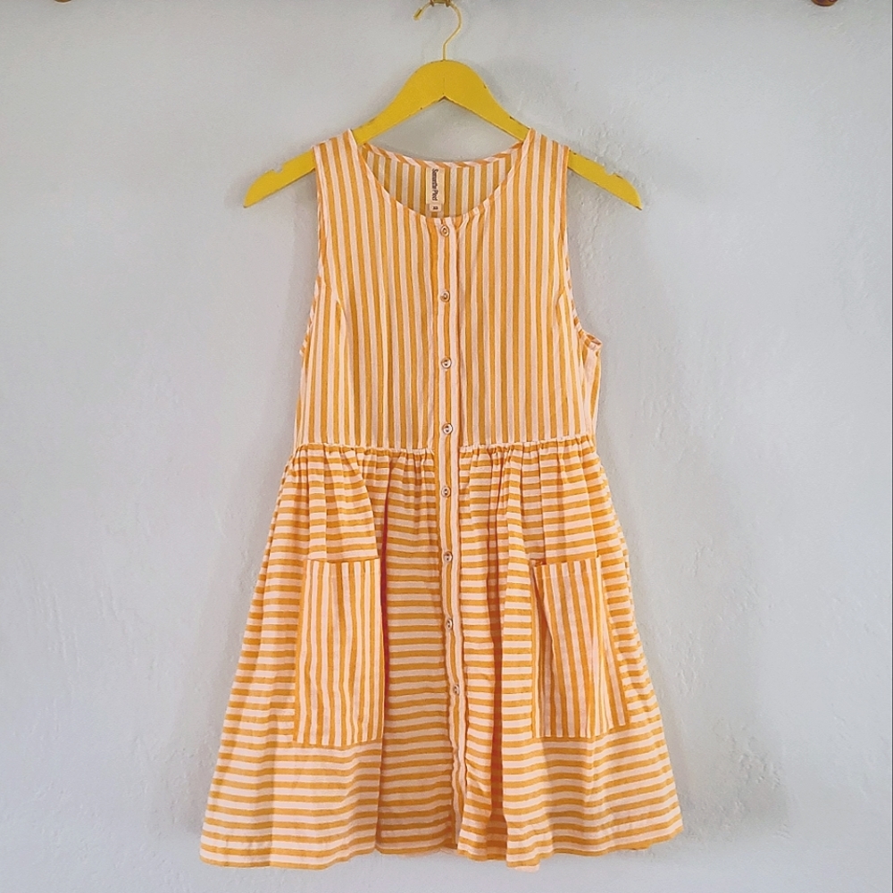 Samantha Pleet Sunbeam Dress, Yellow and White Striped Sun Dress, XS
